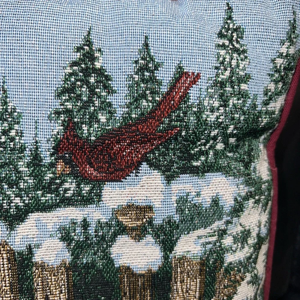 Tapestry Pillow Winter Wreath On Wooden Fence With /Squirrels Holiday Christmas
